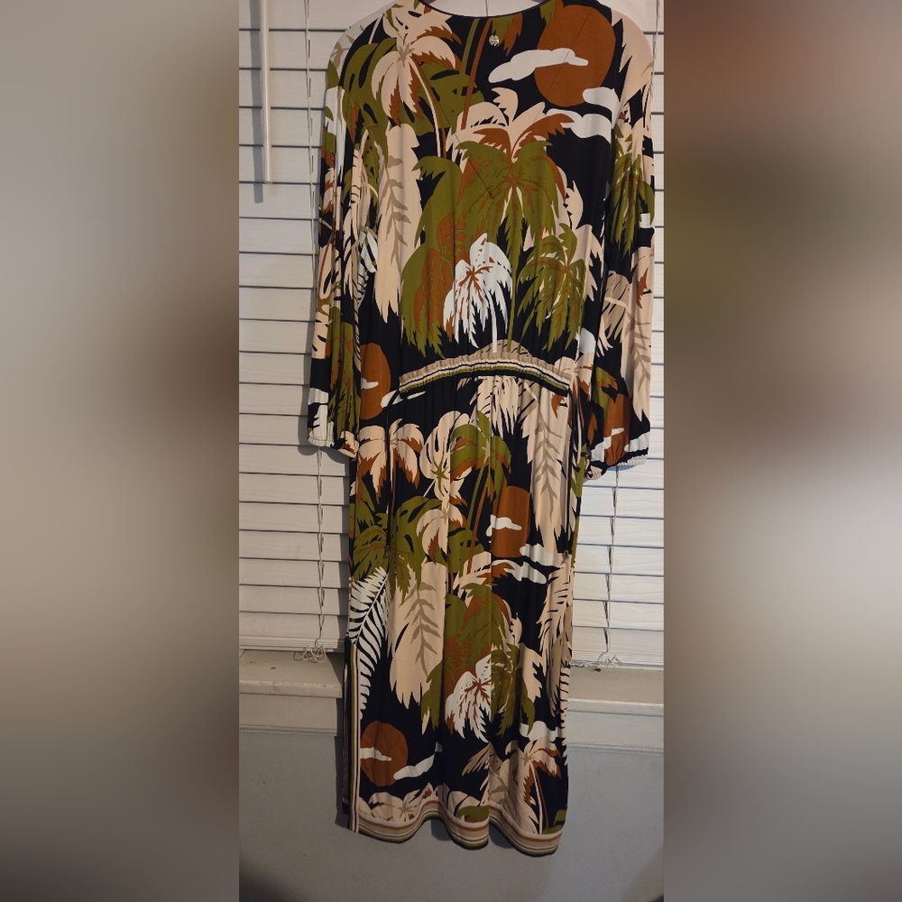 Marc Cain Deep Olive Tropical Print Loose Fit Midi Dress EUC Size N3 / 8 - Picture 8 of 16